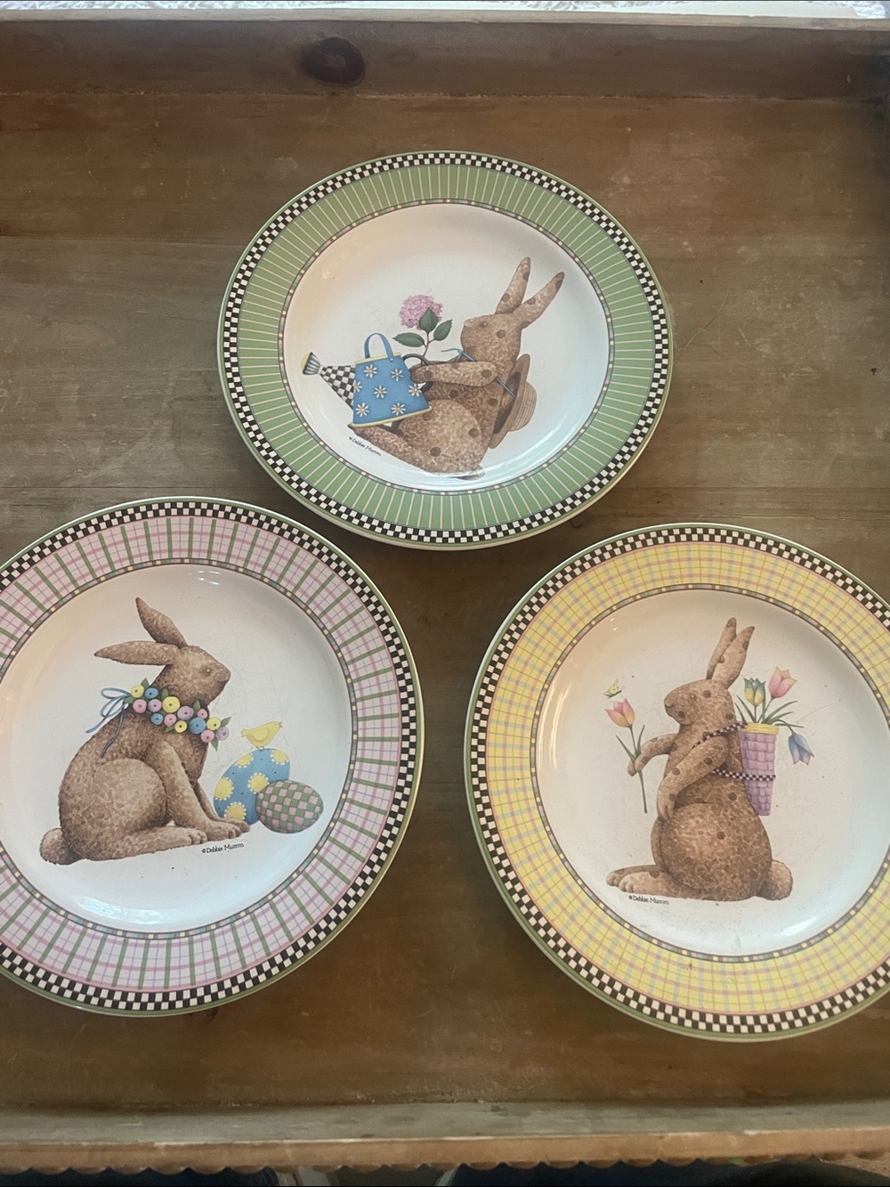 Sakura Bunny Ceramic Dinner Plates - Green, Pink & Yellow Borders salad 8.5 inch